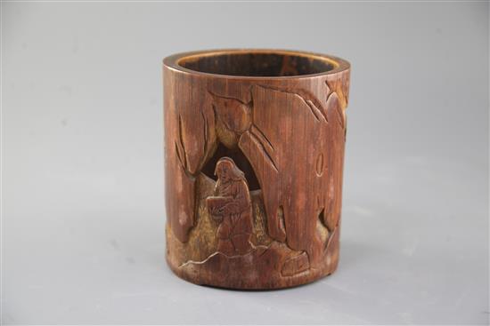 A Chinese bamboo brush pot, height 15cm, some fine splits